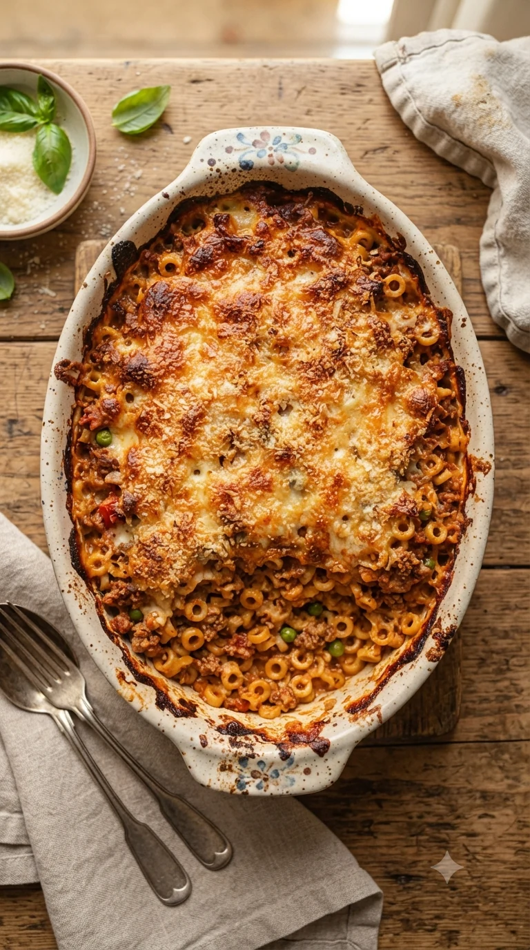 Gratin d’anelletti al forno vu de dessus, anneaux de pâtes dorés à la sortie du four