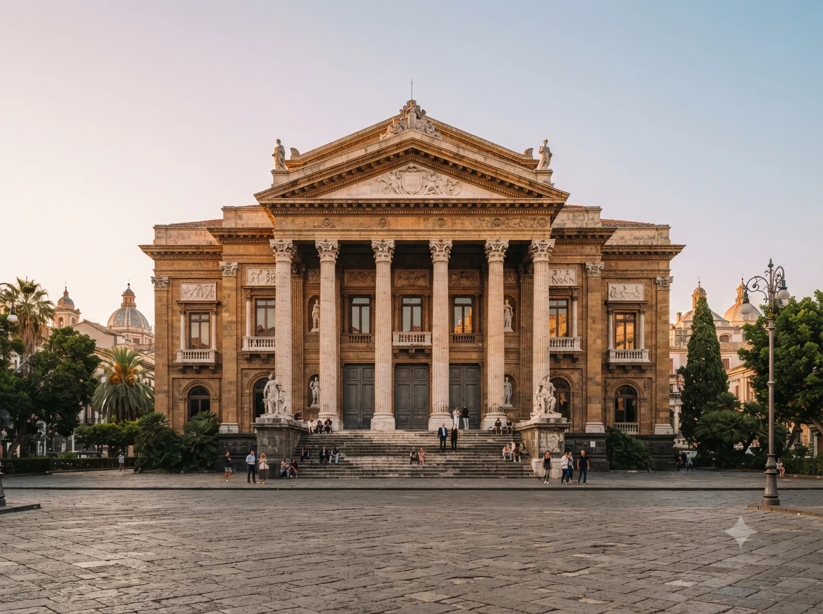 Façade historique d’un théâtre catanais en fin de journée