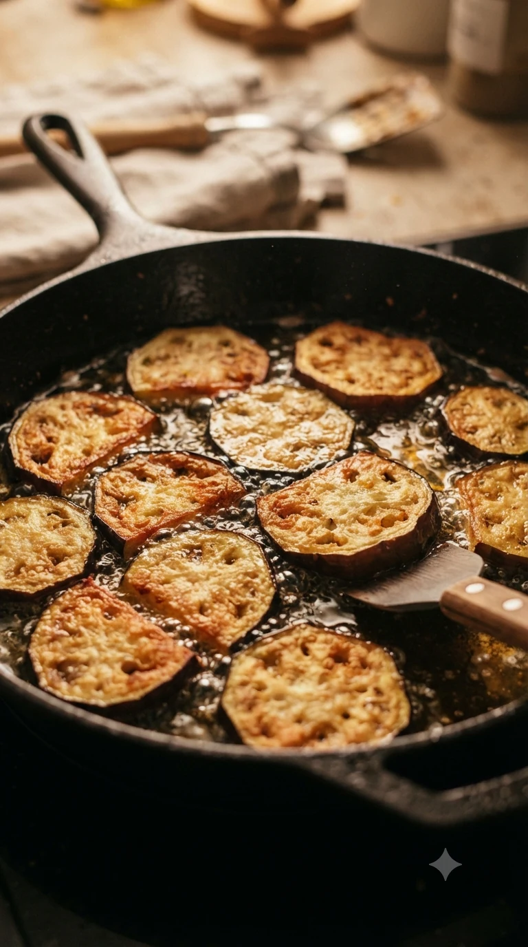 Tranches d’aubergine frites dorant dans une poêle d’huile chaude