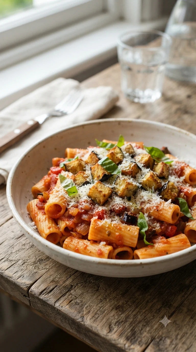 Assiette de rigatoni alla Norma vue de trois quarts, sauce tomate, aubergine frite et ricotta salée râpée