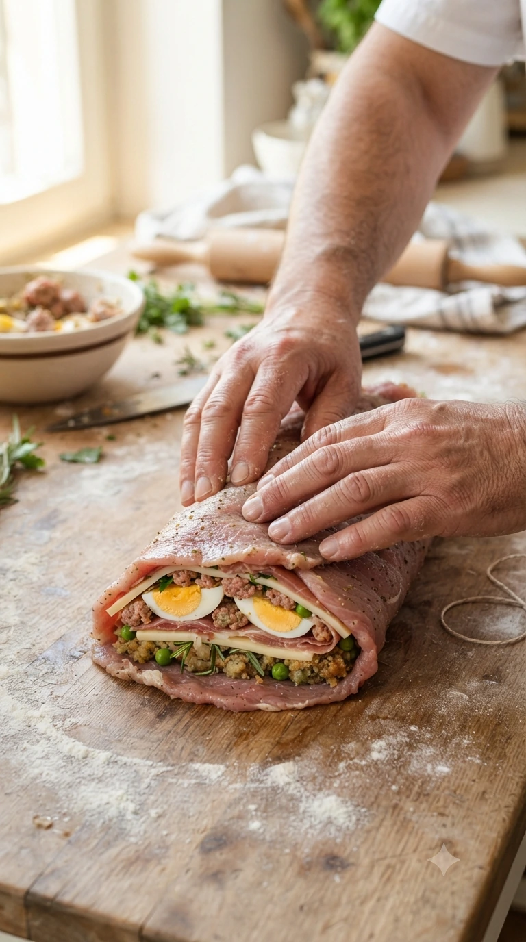 Mains roulant une tranche de veau farcie d’œufs durs et de charcuterie avant la cuisson