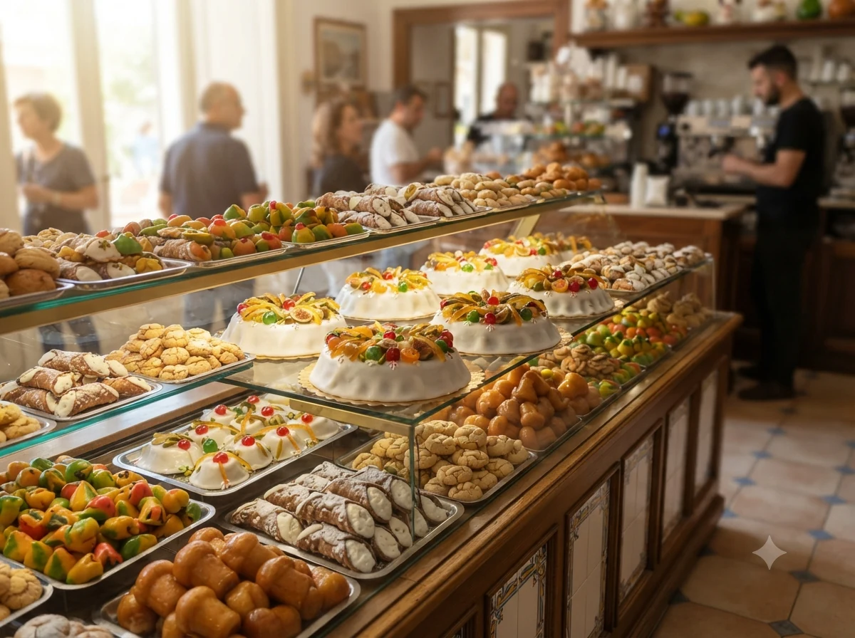 Vitrine de pâtisserie sicilienne avec plusieurs cassatas et douceurs exposées