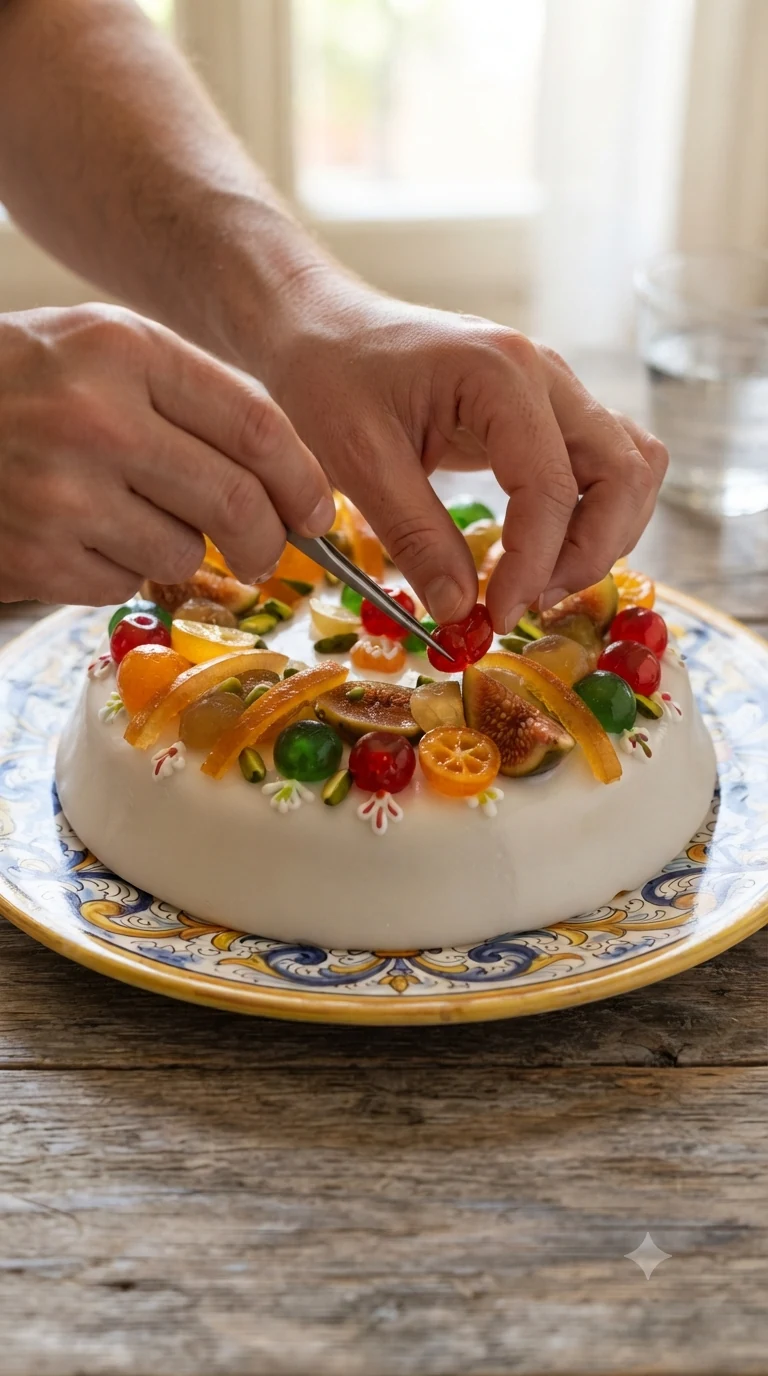 Mains disposant délicatement des fruits confits colorés sur le glaçage d’une cassata