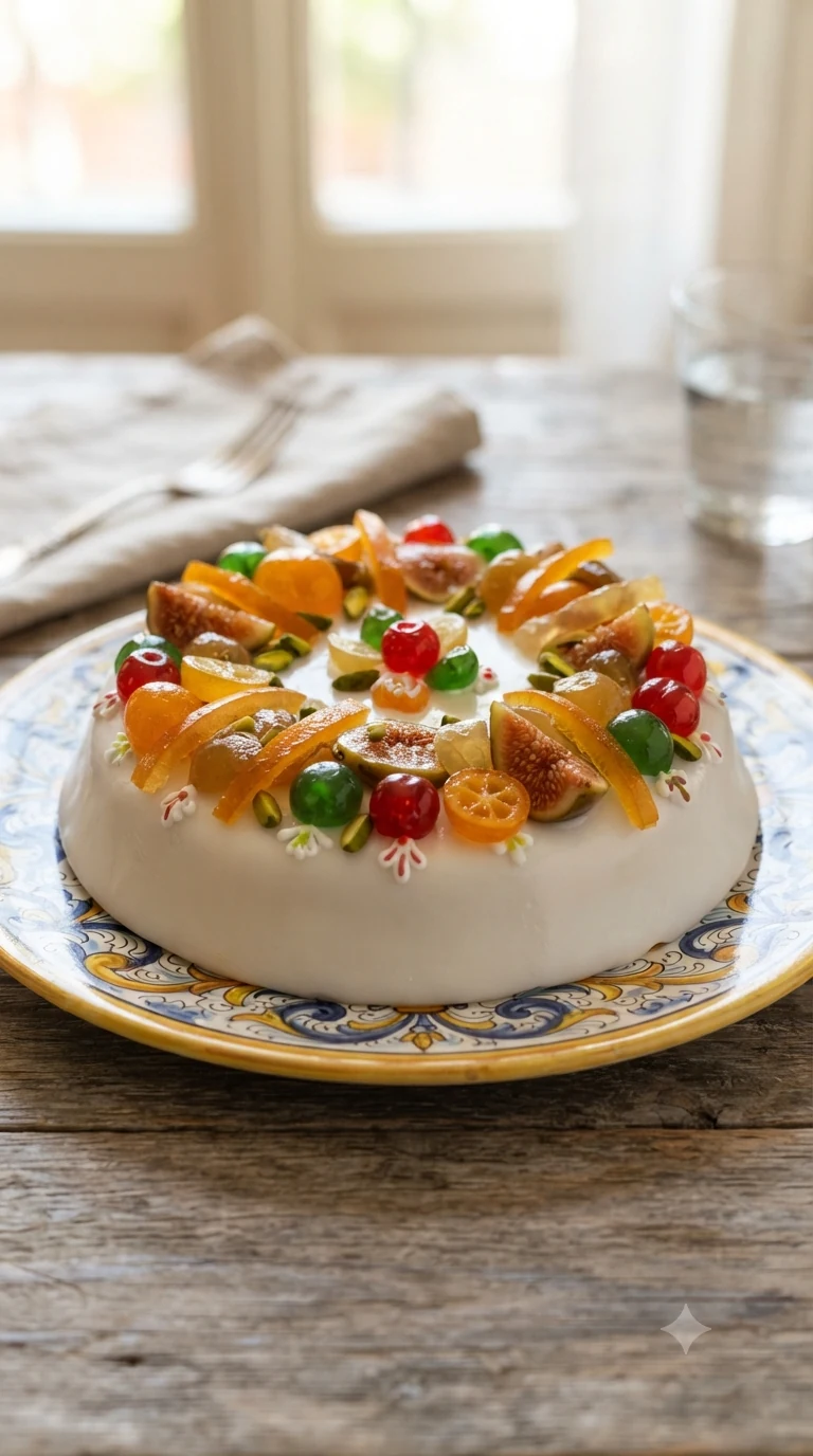 Cassata siciliana entière, glaçage coloré et décoration de fruits confits