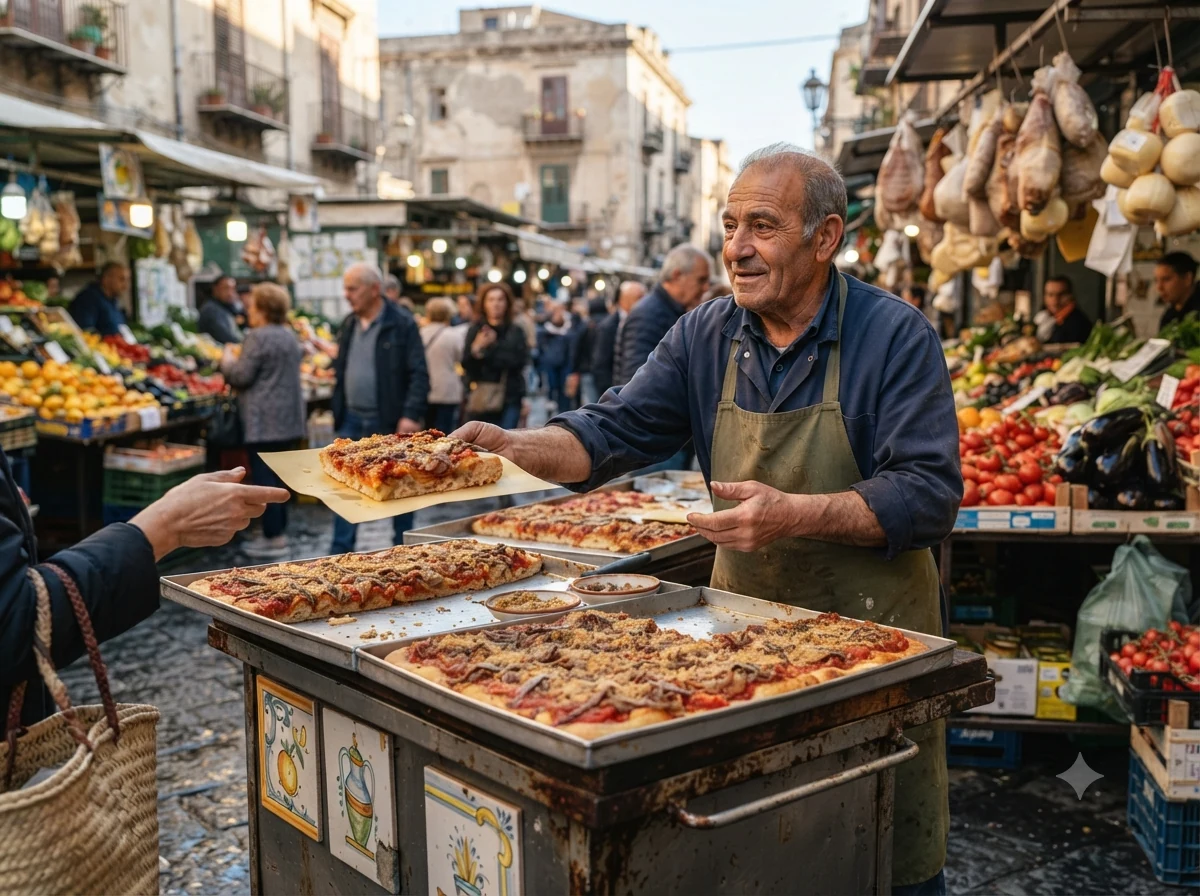 Vendeur de rue palermitain proposant des parts de sfincione sur un étal