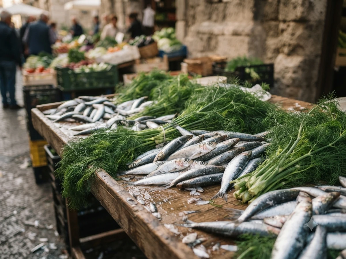 Sardines fraîches et bouquets de fenouil sauvage disposés sur un étal