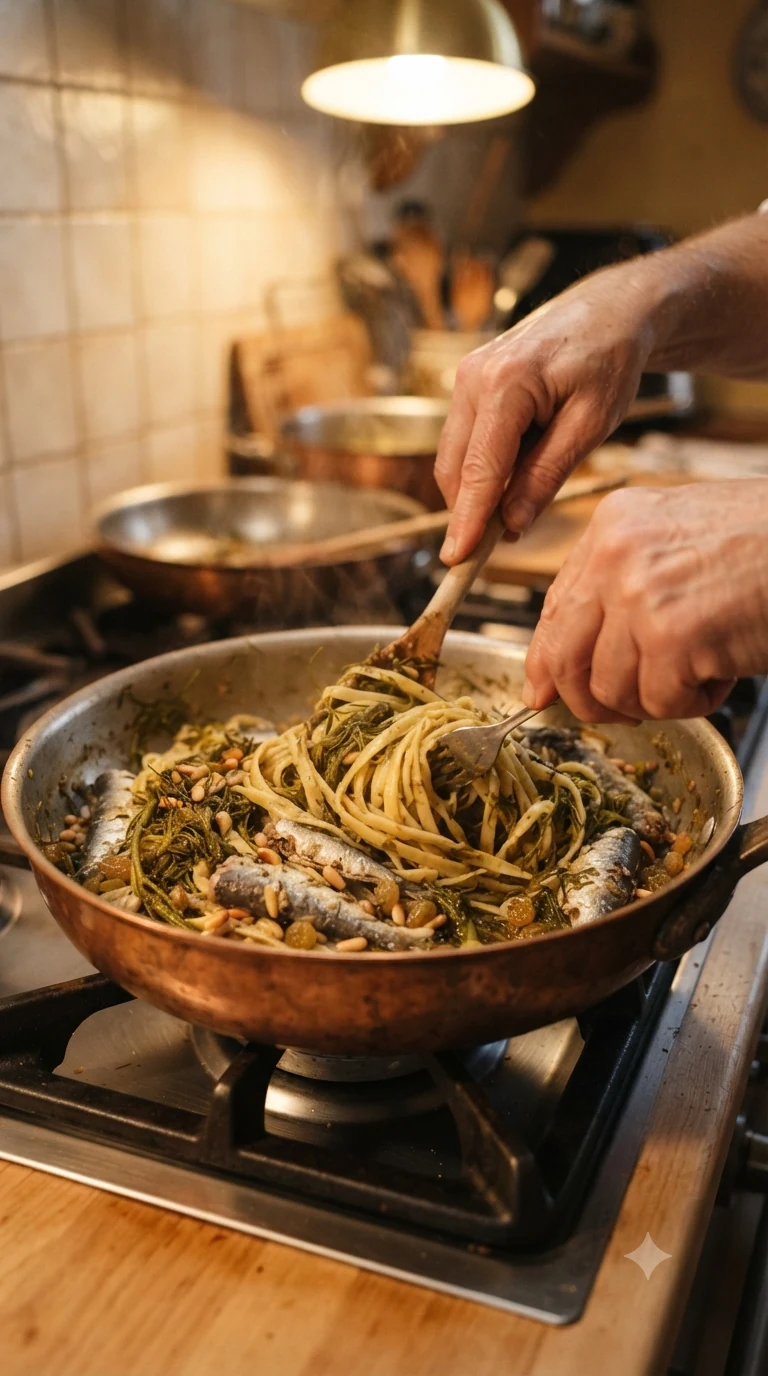 Mains mélangeant des pâtes avec des sardines et du fenouil sauvage dans une grande poêle