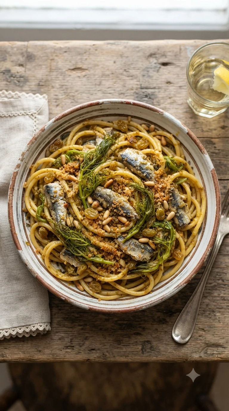 Plat de pasta con le sarde vu de dessus, sardines, fenouil sauvage, pignons et raisins secs visibles