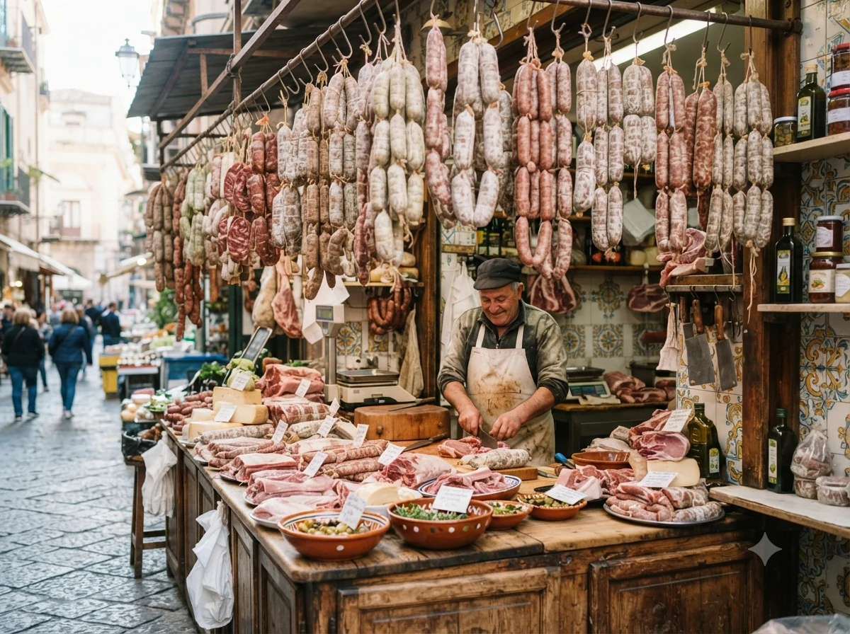Étal de boucherie sicilienne avec saucisses fraîches suspendues