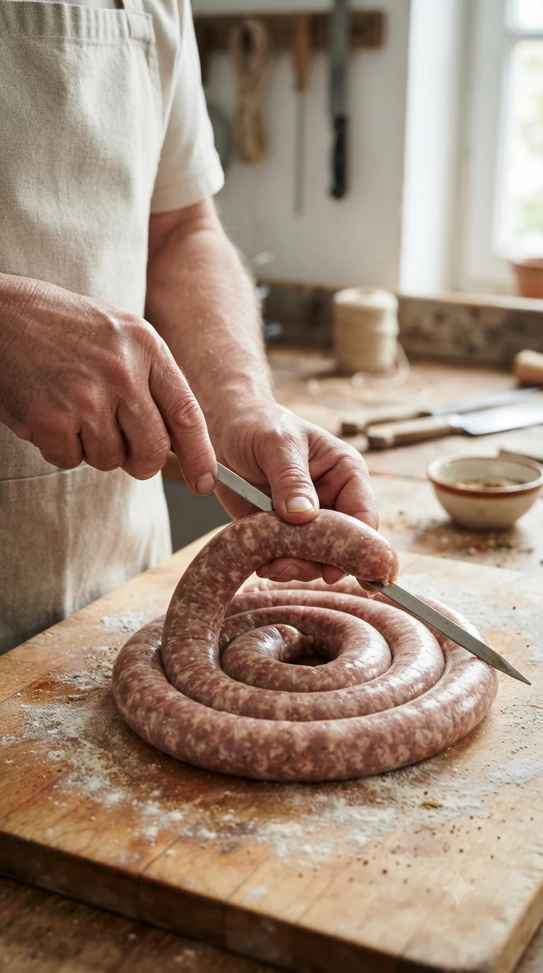 Mains façonnant une saucisse en spirale avant de l’embrocher pour la grillade