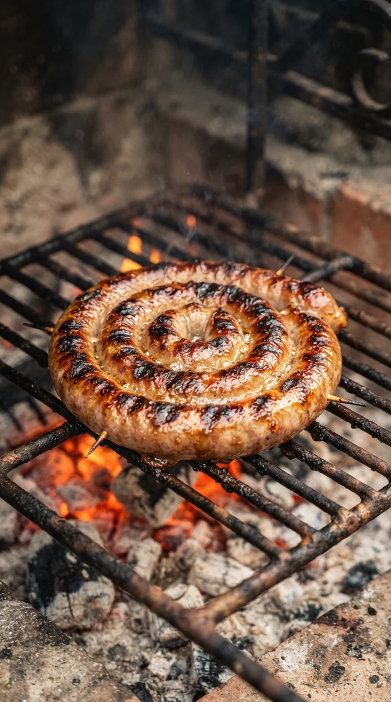 Saucisse sicilienne roulée en spirale grillée sur la braise, marques de grill visibles