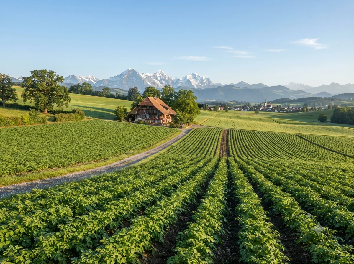 Champs de pommes de terre suisses sous un ciel dégagé, paysage rural