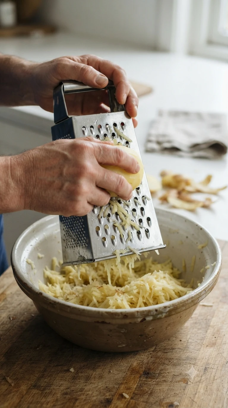 Mains râpant des pommes de terre sur une grande râpe au-dessus d’un plat