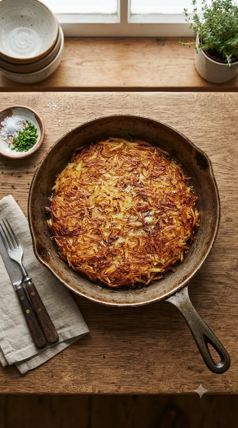 Rösti suisse doré et croustillant entier, encore dans sa poêle en fonte