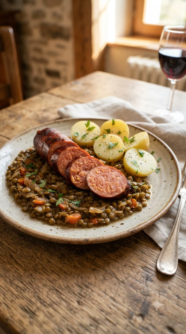 Gros plan sur saucisse de morteau franc-comtoise, plat traditionnel de Franche-Comté