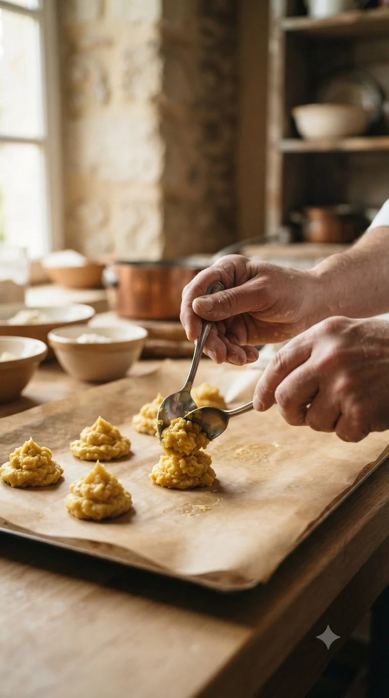 Dresser la pâte à choux en petits tas à la cuillère sur la plaque de cuisson