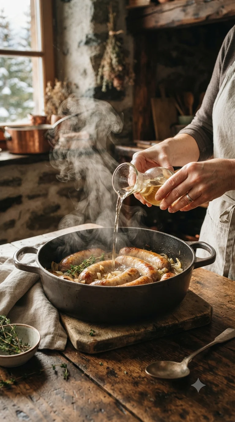 Déglacer la cocotte au vin blanc de Savoie en grattant les sucs de cuisson des diots