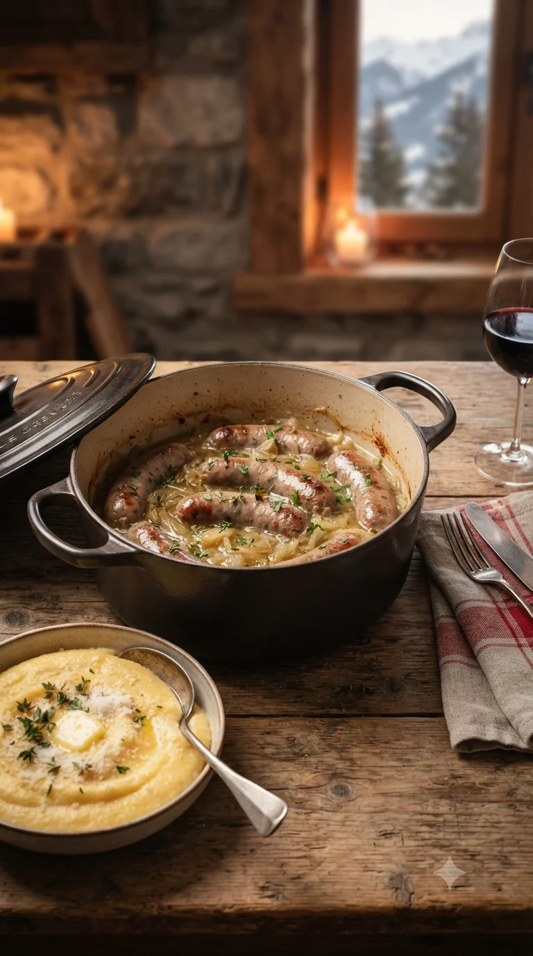 Gros plan sur diots au vin blanc savoyards, plat traditionnel de Savoie