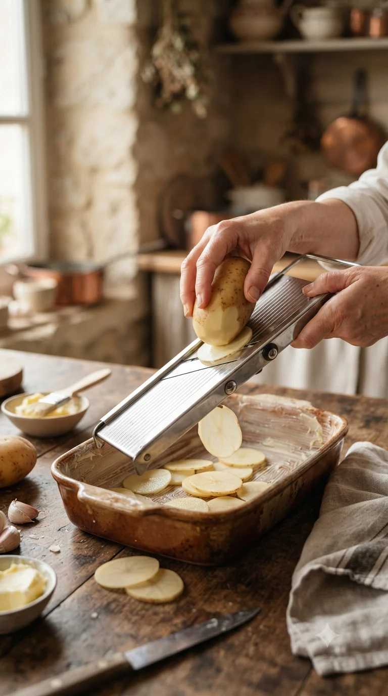 Trancher très finement les pommes de terre à la mandoline sans les rincer pour conserver l’amidon