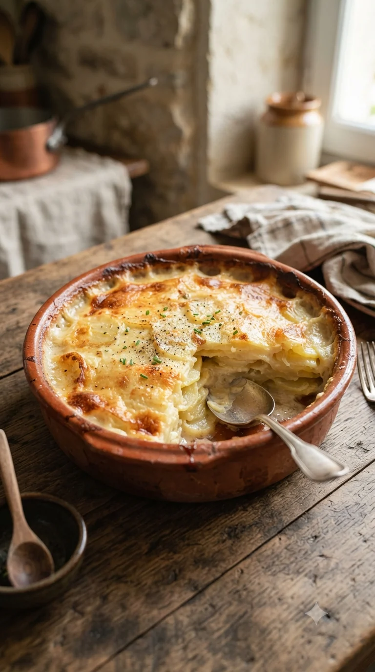 Gros plan sur gratin dauphinois, plat traditionnel du Dauphiné