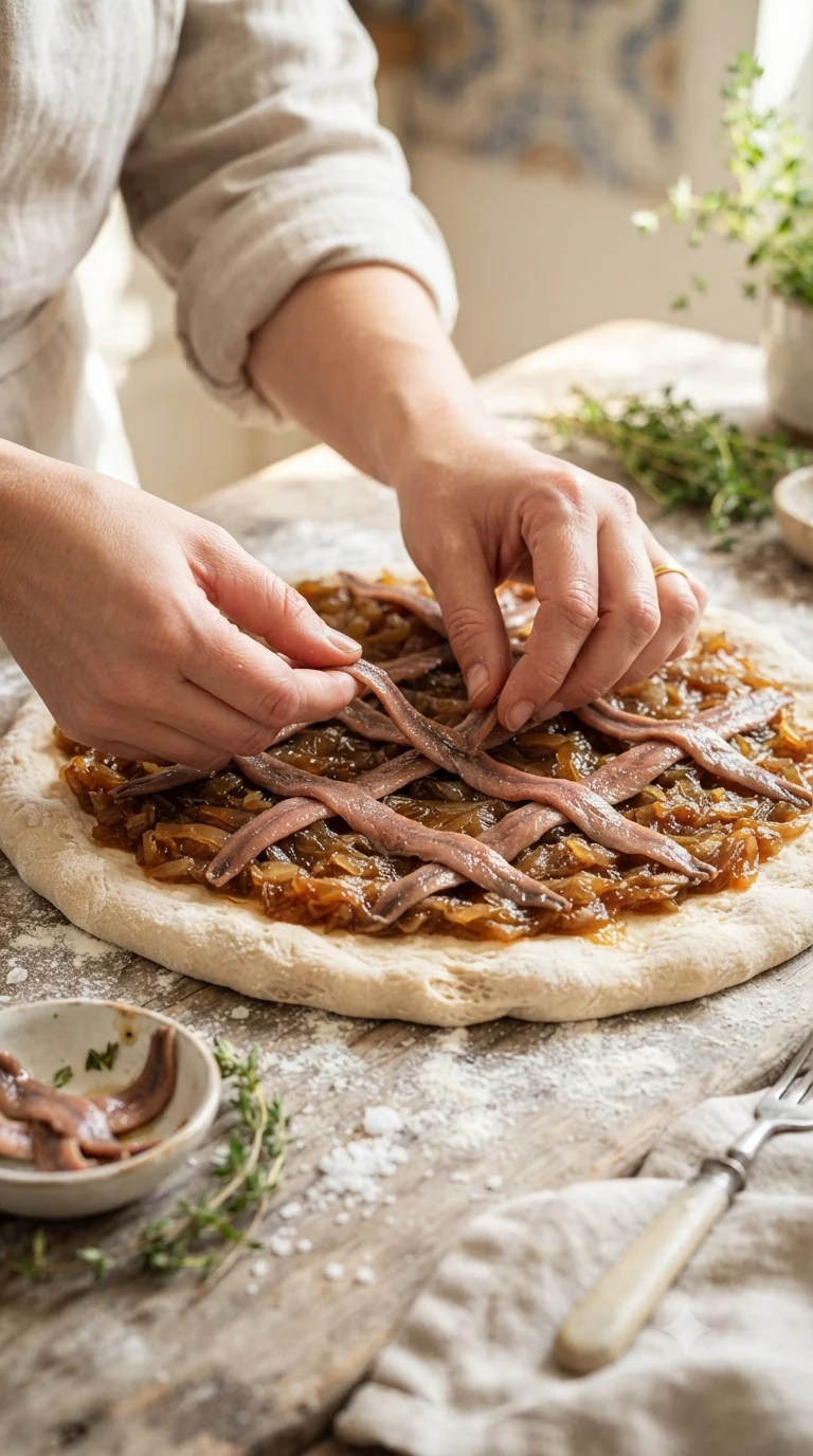 Disposer les filets d’anchois en croisillons réguliers sur la compotée d’oignons