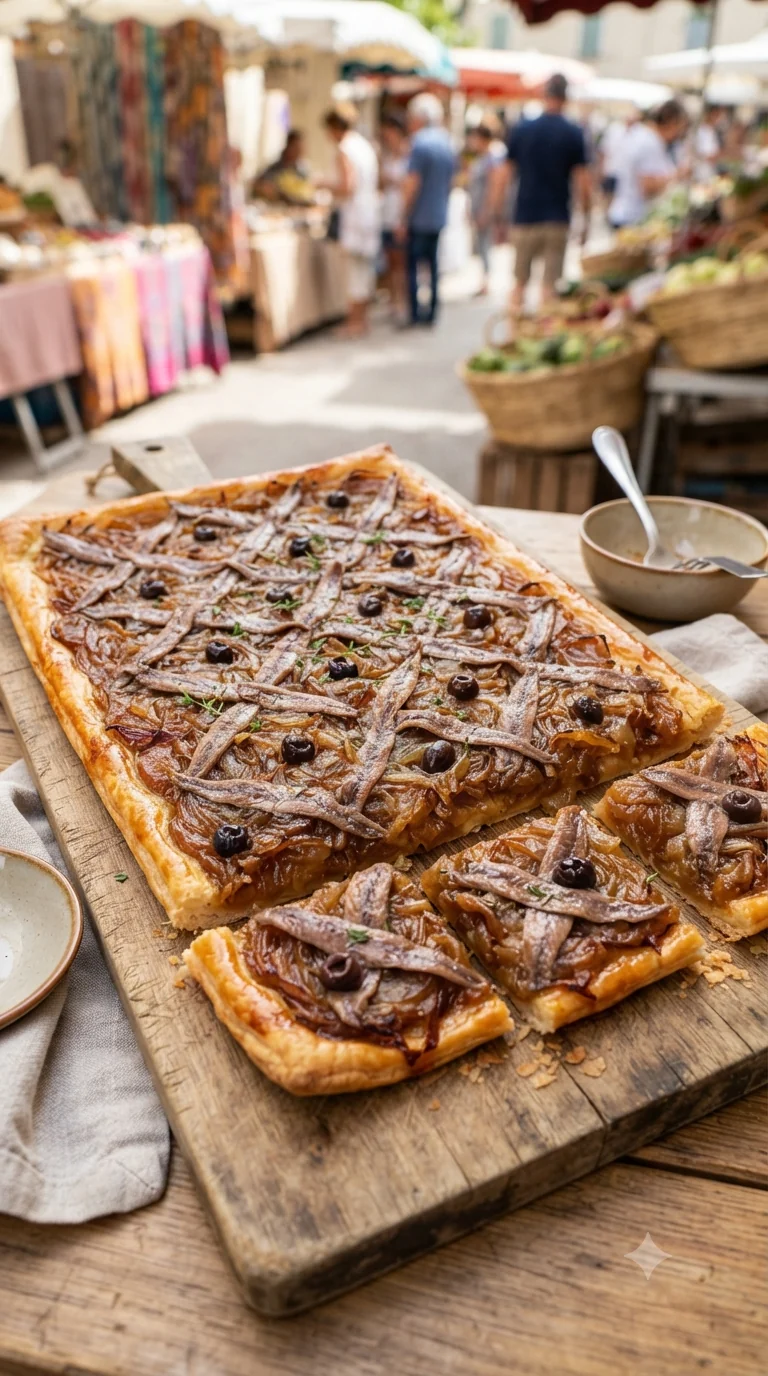 Gros plan sur pissaladière niçoise, plat traditionnel de la région niçoise