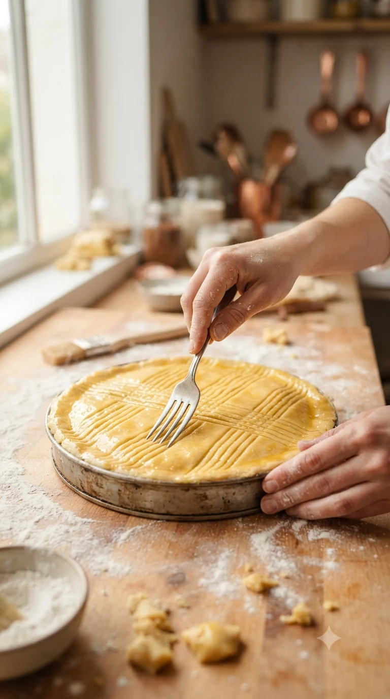 Strier le dessus du gâteau à la fourchette pour former le quadrillage caractéristique avant la cuisson