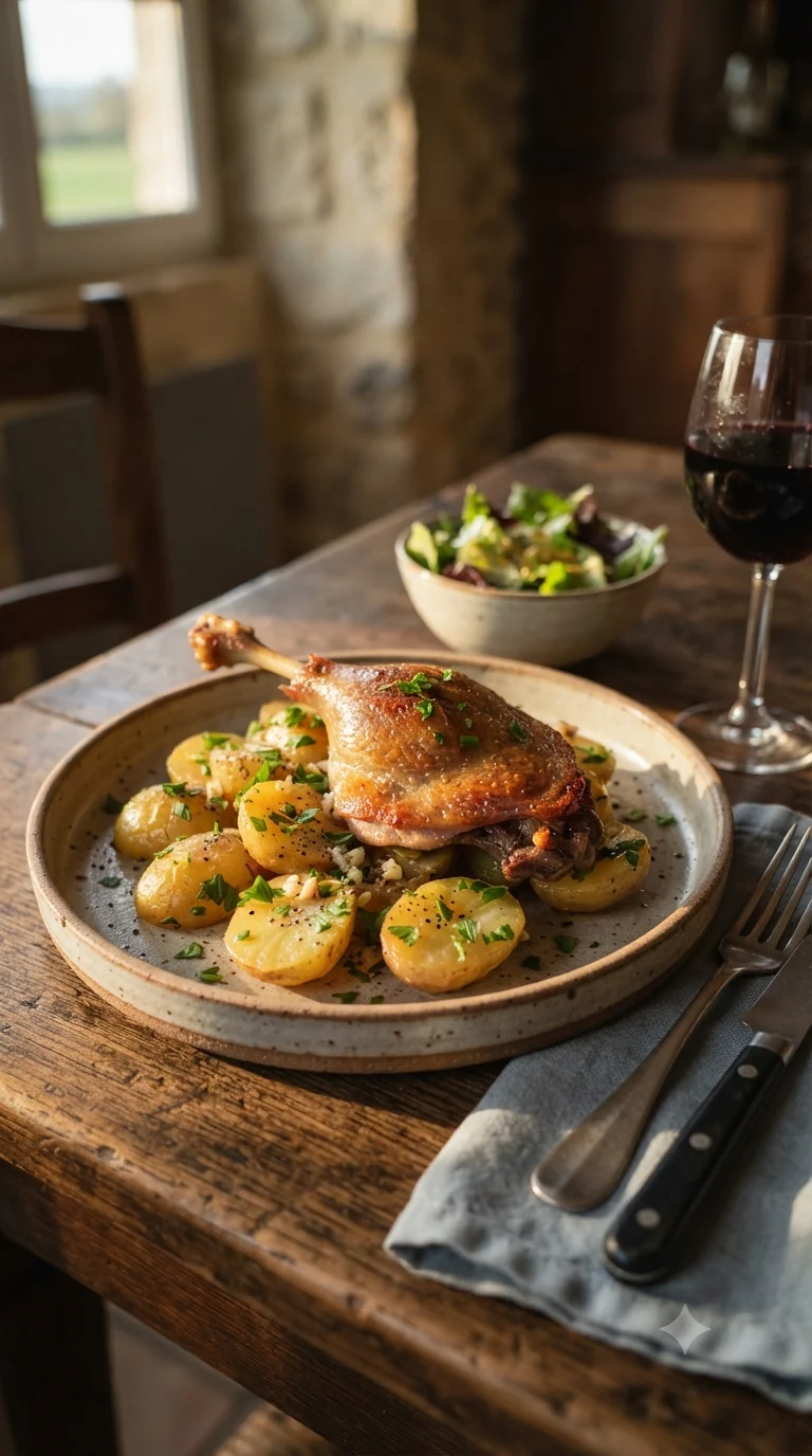 Gros plan sur confit de canard gascon, plat traditionnel de Gascogne