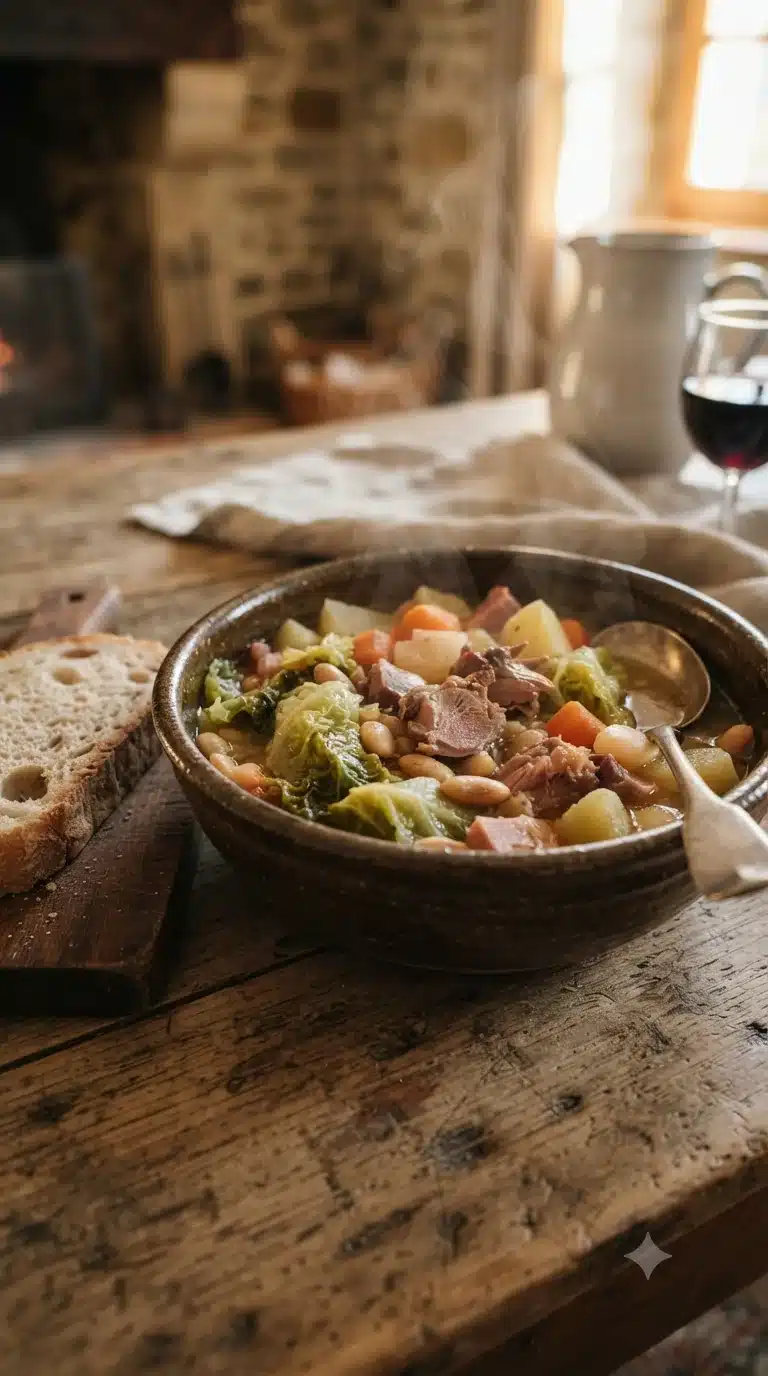 Gros plan sur garbure béarnaise, plat traditionnel du Béarn