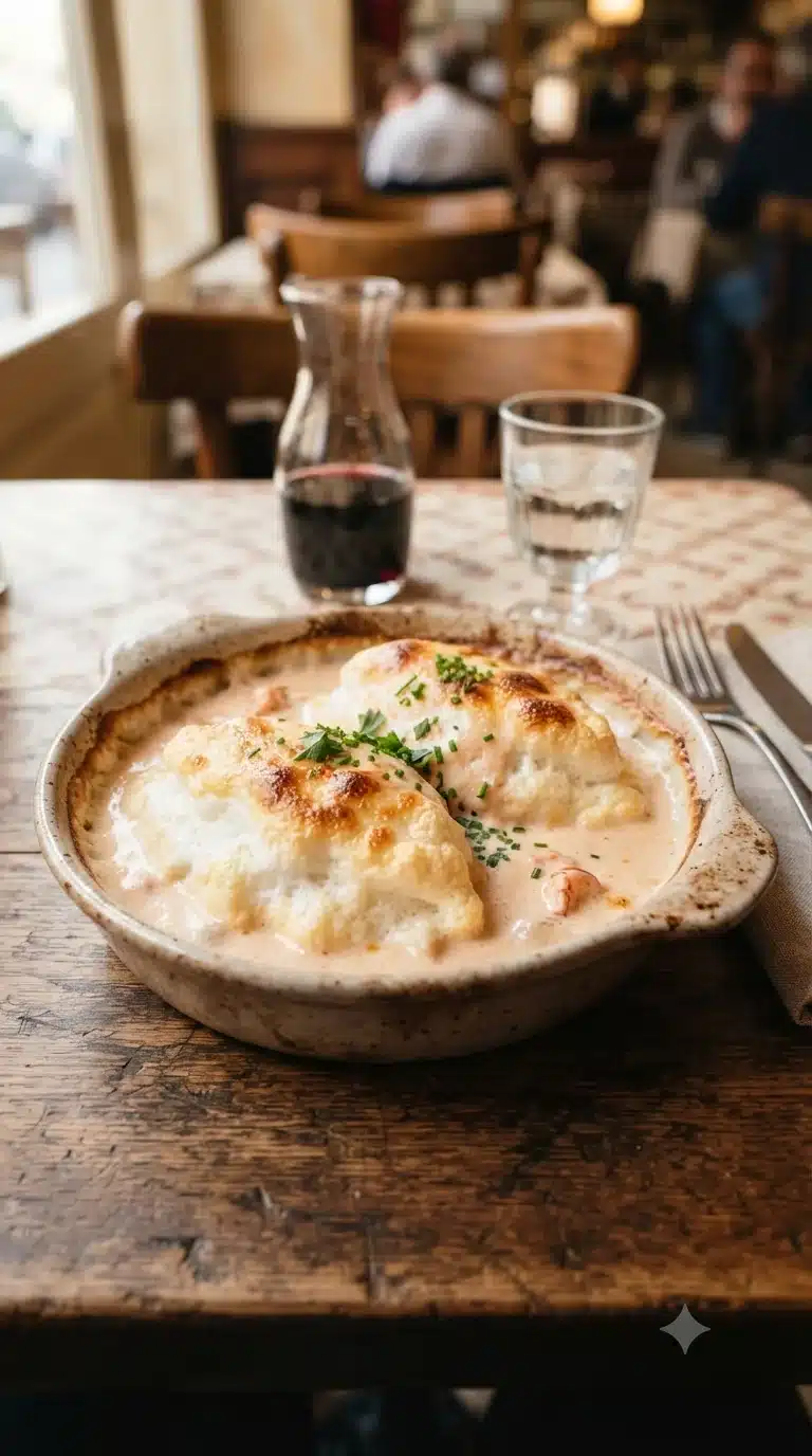 Gros plan sur quenelles de brochet lyonnaises, plat traditionnel de Lyon