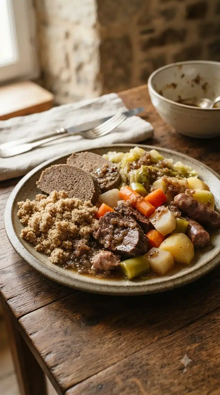 Gros plan sur kig ha farz breton, plat traditionnel de Bretagne
