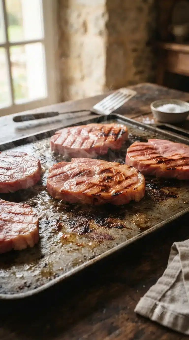 Griller les tranches de jambon de Vendée quelques instants de chaque côté pour révéler leurs arômes