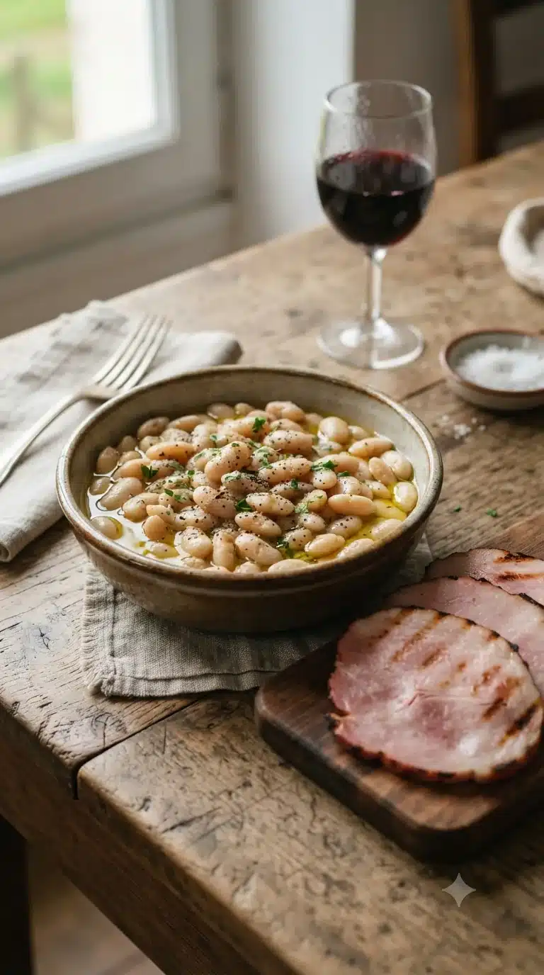 Gros plan sur mogettes de Vendée au jambon, plat traditionnel de Vendée