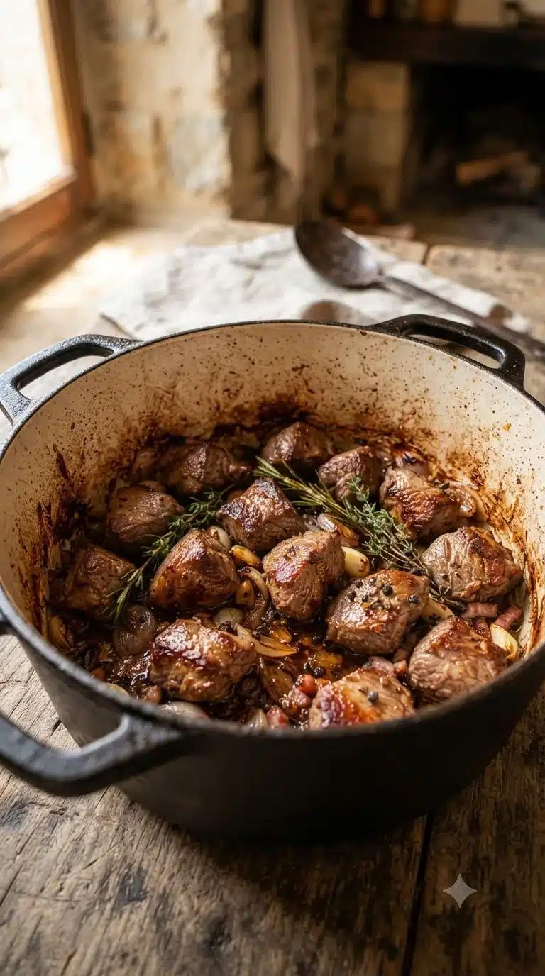 Faire roussir les morceaux de sanglier marinés dans l’huile d’olive avant de singer à la farine