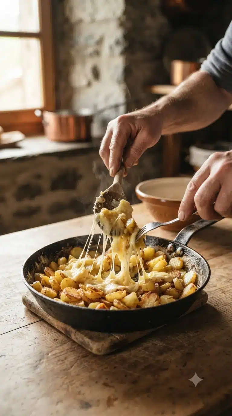 Soulever la truffade à la spatule pour vérifier les longs fils de tomme fraîche fondue