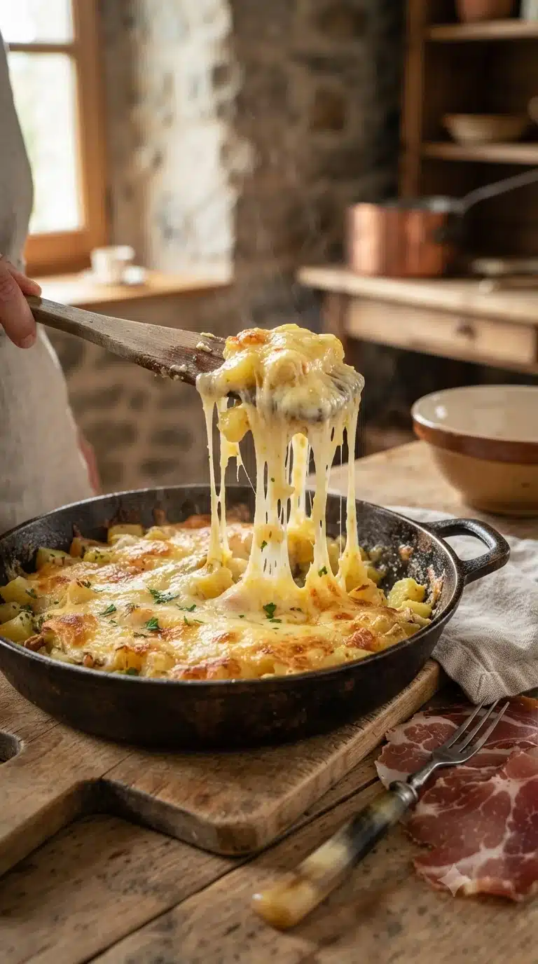 Gros plan sur truffade auvergnate, plat traditionnel d’Auvergne