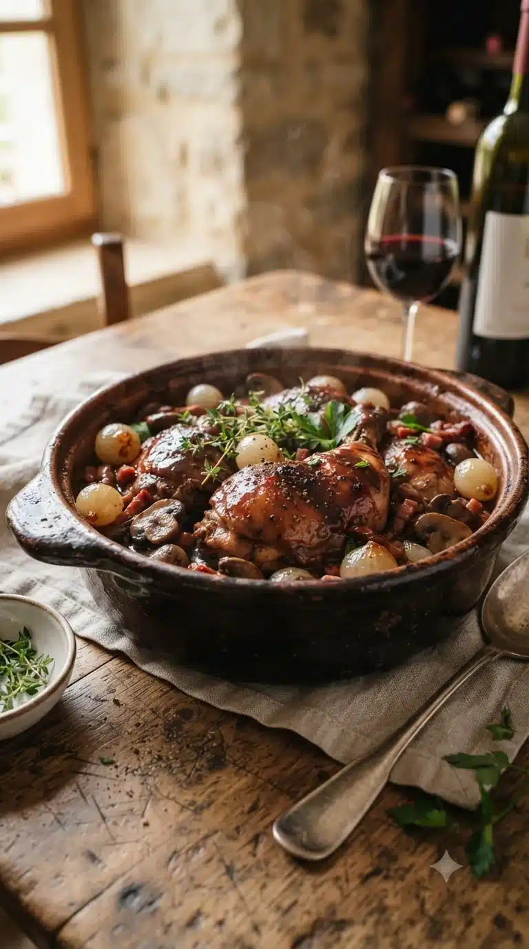 Gros plan sur poulet en barbouille berrichon, plat traditionnel du Berry