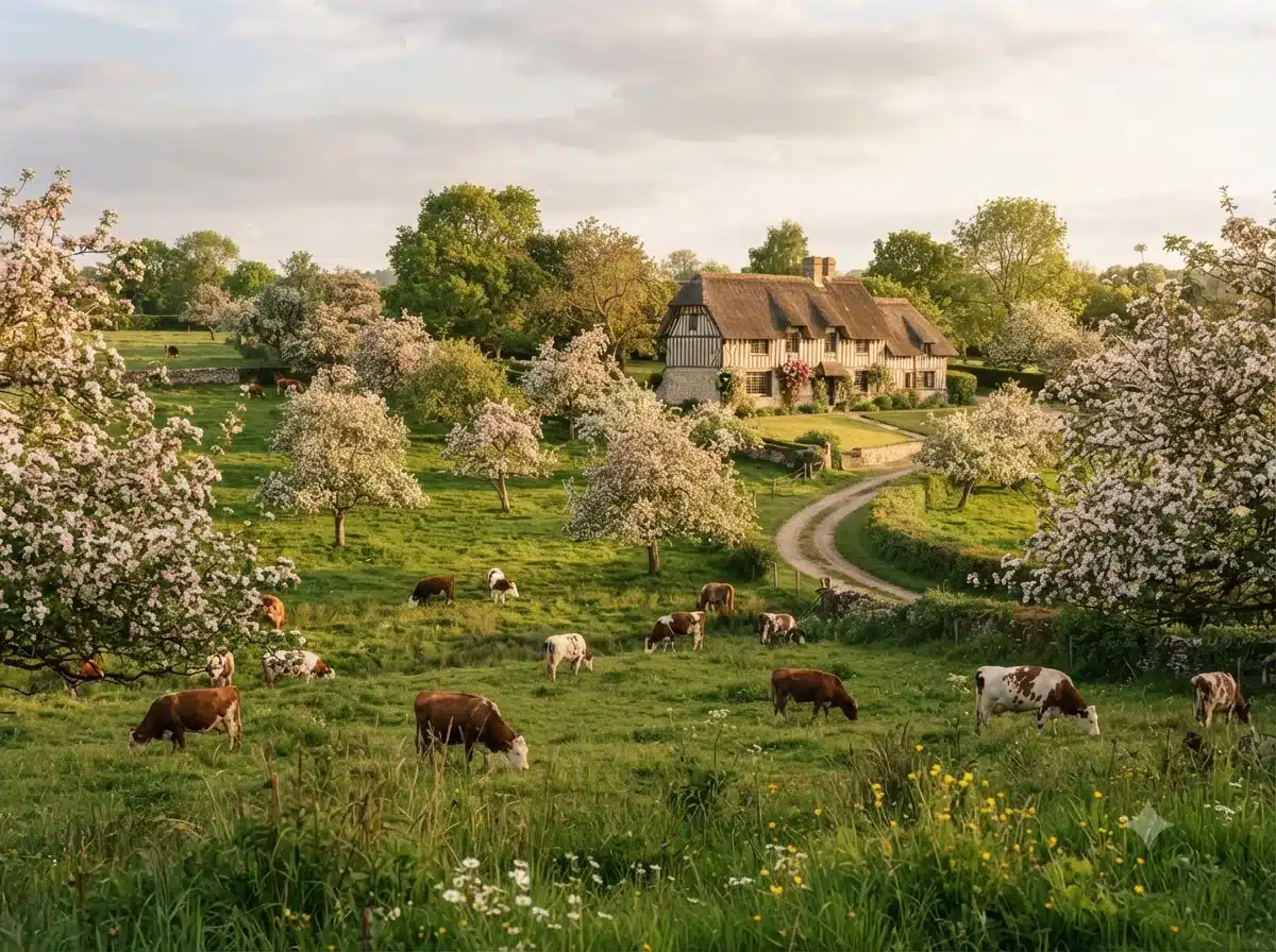 Vue patrimoniale évoquant l’origine de teurgoule normande en Normandie (Calvados)