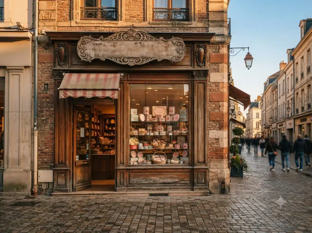 Vue patrimoniale évoquant l’origine de biscuit rose de Reims en Champagne (Reims)