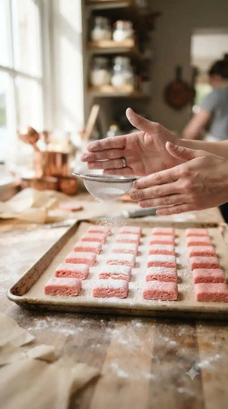 Saupoudrer de sucre glace la pâte rose avant la première cuisson au four