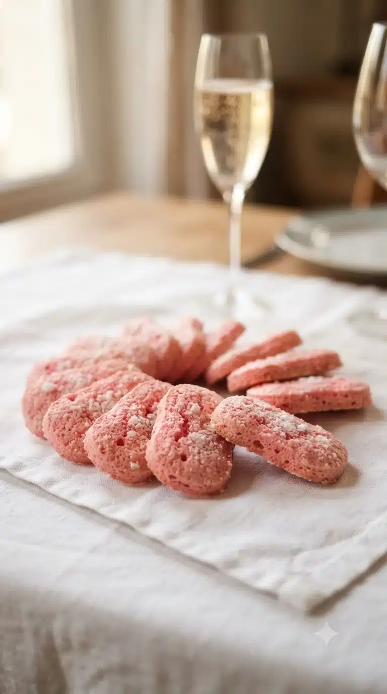 Gros plan sur biscuit rose de Reims, plat traditionnel de Champagne