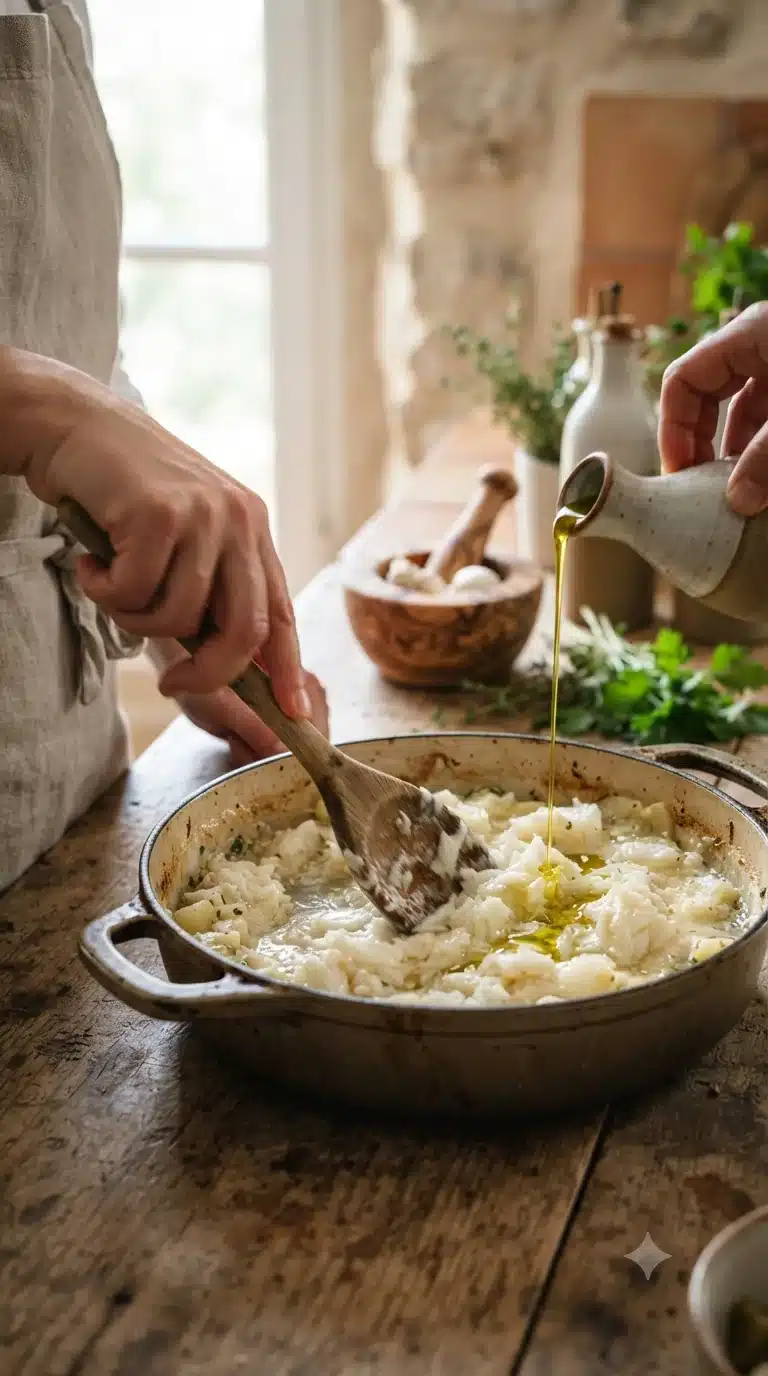 Travailler la morue à la cuillère en bois en incorporant l’huile d’olive tiède en filet, comme pour une mayonnaise