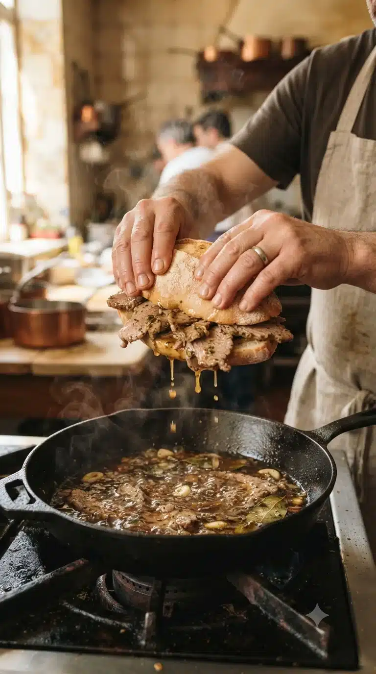 Presser légèrement le petit pain garni pour laisser le jus de cuisson imbiber la mie