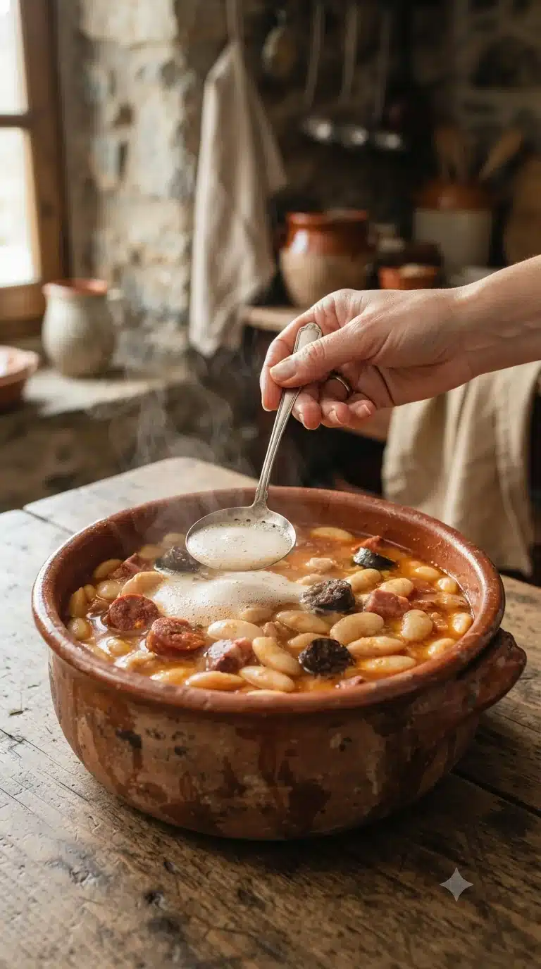 Écumer délicatement le bouillon pendant la longue cuisson lente des fabes