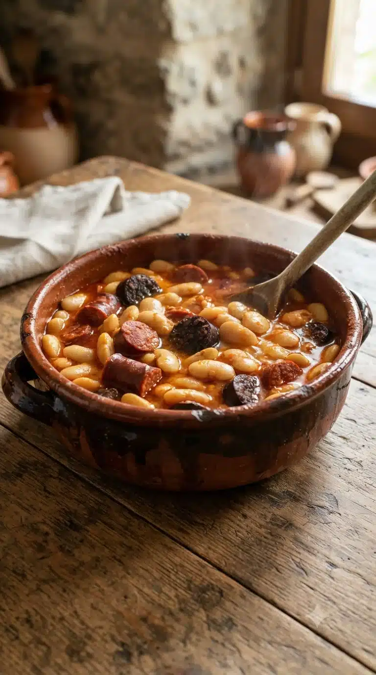 Gros plan sur fabada asturienne, plat traditionnel des Asturies