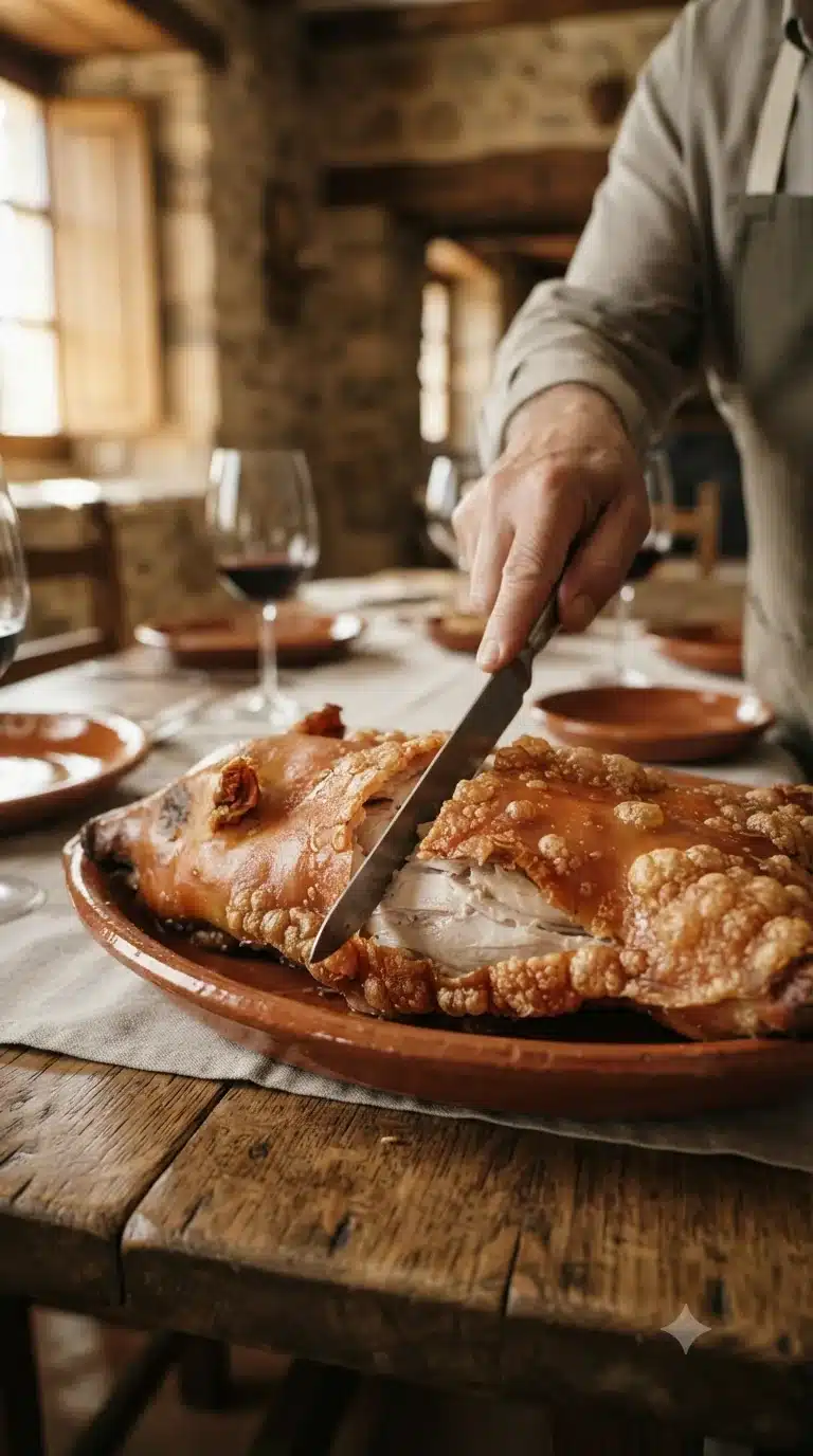 Découper le cochinillo rôti avec le bord d’une assiette pour démontrer sa tendreté, geste traditionnel segovien