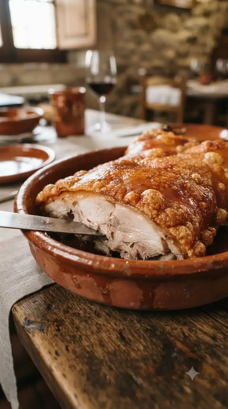 Gros plan sur cochinillo segoviano, plat traditionnel de Ségovie (Castille-et-León)