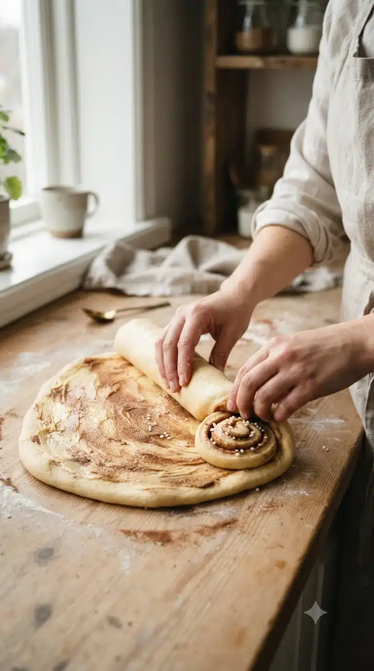 Rouler la pâte étalée avec le beurre, le sucre et la cannelle avant de la torsader en spirale caractéristique