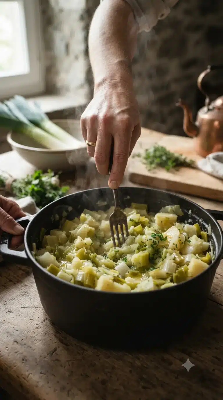 Écraser doucement les poireaux et pommes de terre à la fourchette en laissant une texture encore perceptible