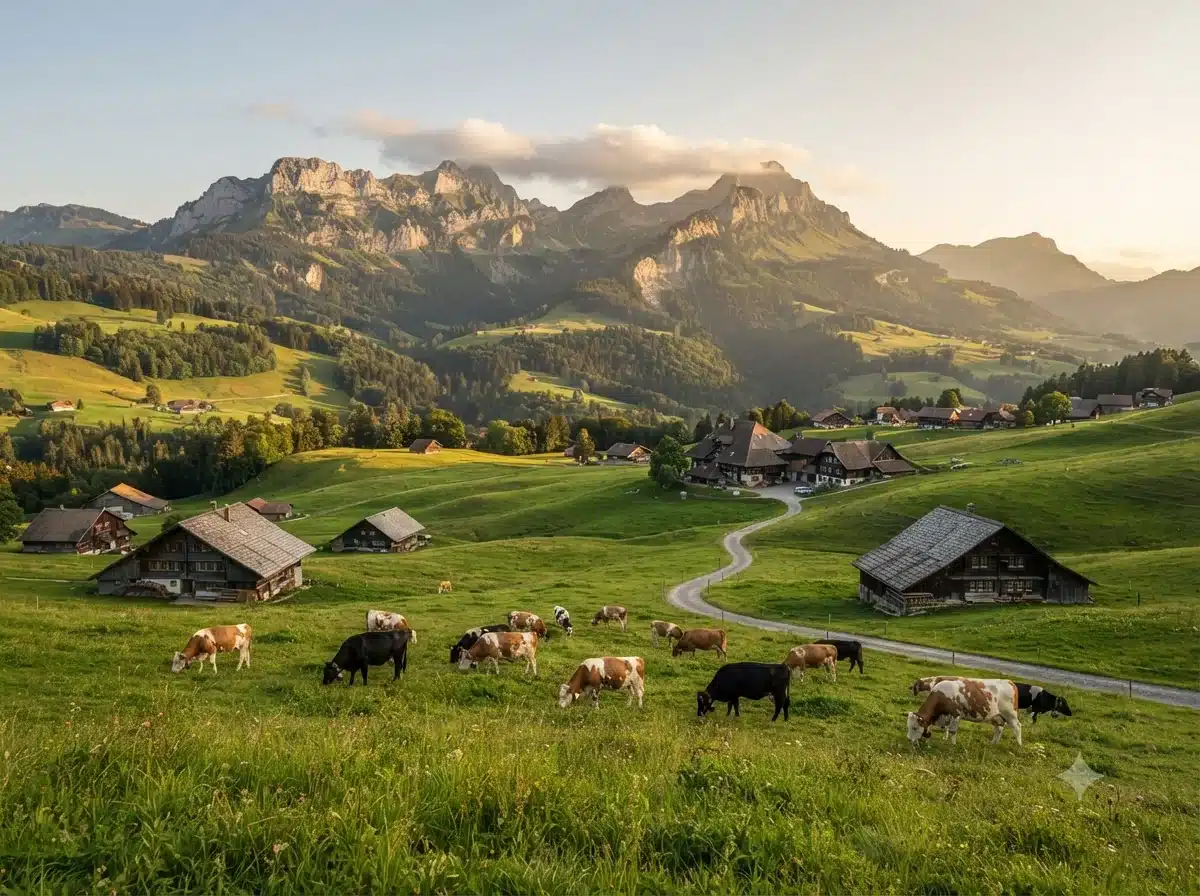 Vue patrimoniale évoquant l’origine de meringues à la double crème de Gruyère en Canton de Fribourg (La Gruyère)